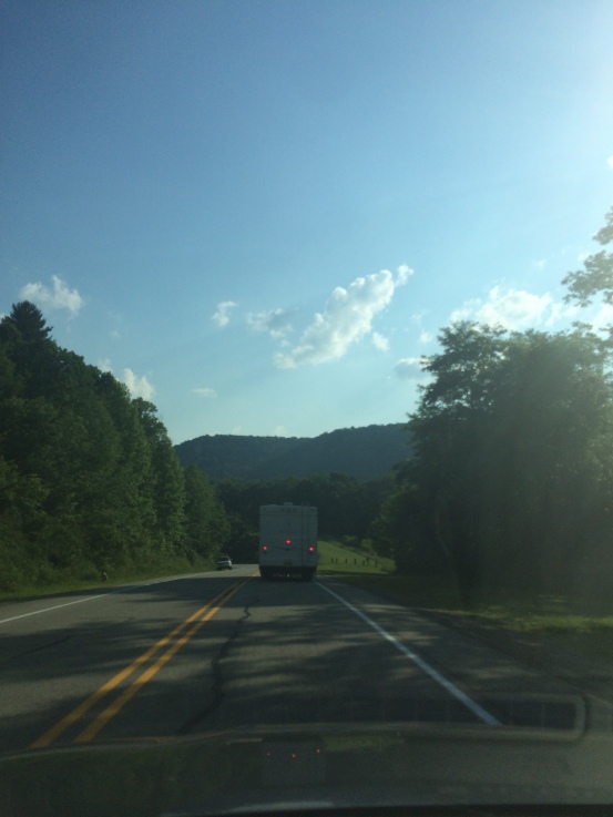 I'm driving my car and following Mark. The drive to Brenner's Meadow Run was reallyyy beautiful and my iphone pic taken while driving doesn't really do it justice. 